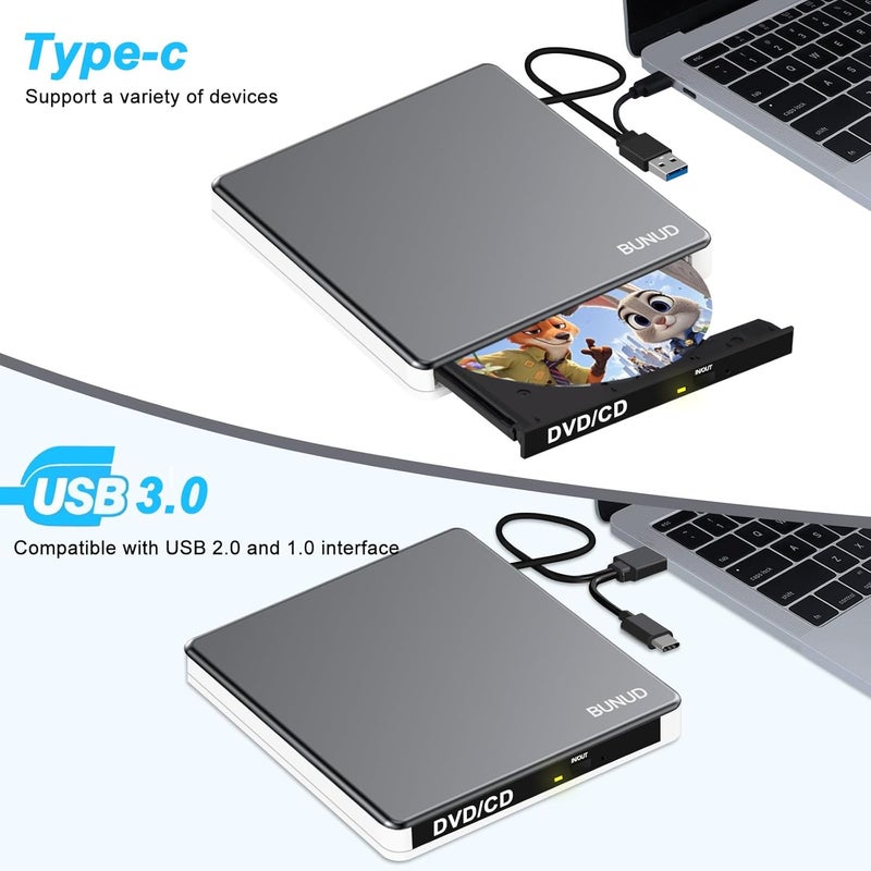 BVNUD محرك DVD خارجي، Superdrive USB C لأبل، محرك DVD قابل للاحتراق والقراءة USB 3.0 لماك، محرك DVD خارجي محمول لأجهزة الكمبيوتر المحمولة ماك بوك ويندوز 11 10 PC لينوكس OS - Image 3